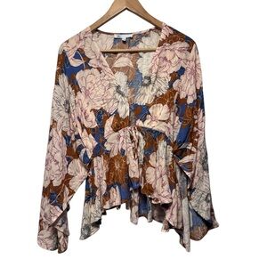 DR2 Floral Tie-Front Peplum Blouse | Blue & Brown | Size Medium